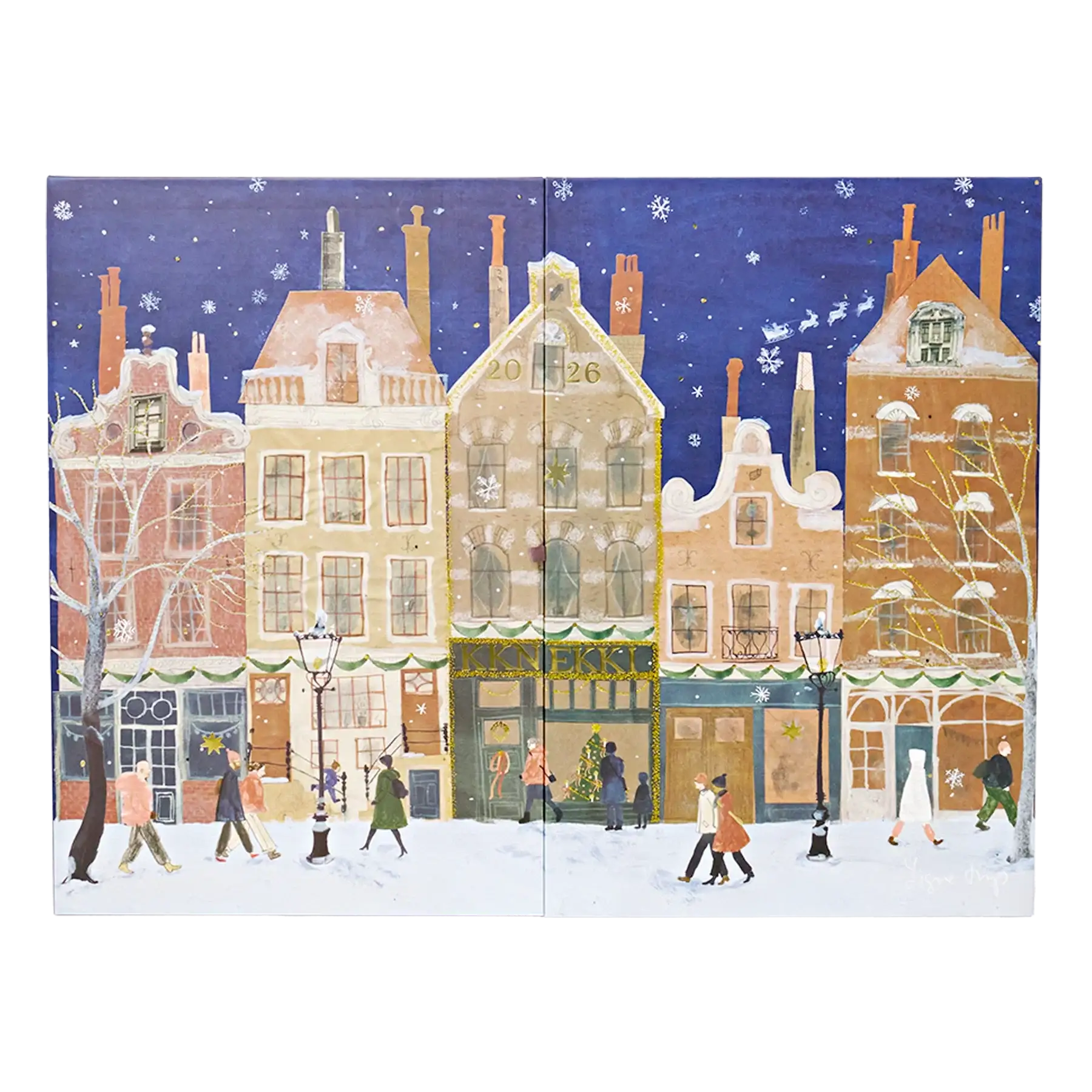 Winterliche Illustration von verschneiten Giebelhäusern mit winterlich gekleideten Figuren.