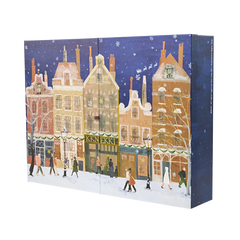 Winterliche Illustration einer verschneiten Stadtstraße mit historischen Häusern und Passanten.