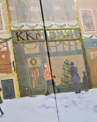 Winterliche Illustration eines Geschäftseingangs mit goldener Aufschrift und Weihnachtsdekoration
