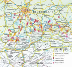Detaillierte Landkarte der Alpenregion mit München, Innsbruck, Salzburg, Tirol und markierten Sehenswürdigkeiten
