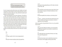 Seiten aus Kinderbuch mit Chat-Dialogen über Giraffen am Strand und Familienzeit