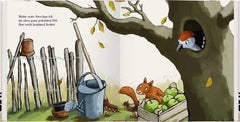 Buchillustration mit Eichhörnchen, Apfelkiste und Vogel im Baum, ideal für Kinderbücher und Bastelartikel