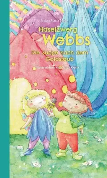 Buntes Kinderbuchcover mit Haselzwerg Webbs und Freundin, fantasiereiche Illustration, magische Natur