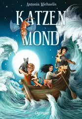 Buchcover Katzenmond mit Kindern und Katzen im Boot auf stürmischer See