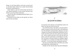 Seiten aus Kinderbuch mit Illustration von Flaschenpost am Strand und Text über Schatten