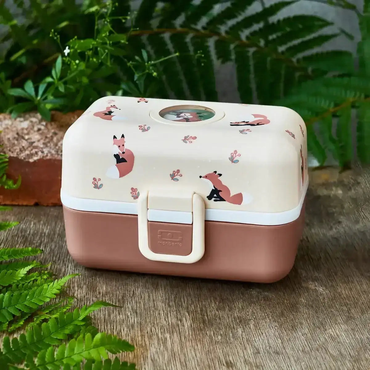Kinder Lunchbox mit Fuchs-Motiv, Brotdose aus Kunststoff, naturfarben auf Holz, kunstundspiel