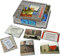 Kleinanzeigen Memospiel von kunstundspiel mit ausgelegten Spielkarten, Mischung aus Fotos und Texten.
