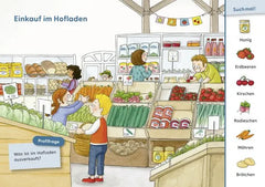 Kinder beim Einkaufen im Hofladen mit frischem Gemüse, Brot und Obst – nachhaltiges Spielzeug & Bastelartikel