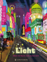 Buchcover 'Licht' mit farbenfroher Stadtlandschaft und leuchtenden Gebäuden für Kinder