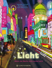 Buchcover 'Licht' mit farbenfroher Stadtlandschaft und leuchtenden Gebäuden für Kinder