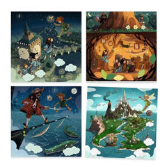 Vier farbenfrohe Illustrationen mit Fantasy-Szenen für Kinderbücher oder Spiele.