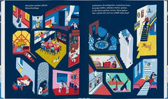 Bunte Illustrationen von Kindern beim Spielen und Basteln in einem Spielzeugladen mit nachhaltigem Spielzeug