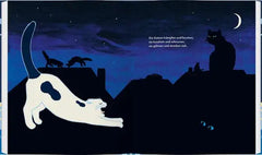 Nachtliche Katzenillustration mit Mond und Sternen, ideal für Kinderbücher und kreative Geschenke