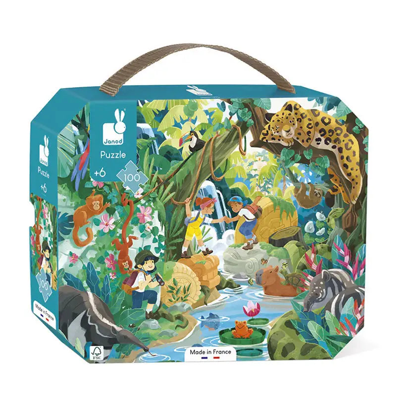 Dschungel-Puzzle mit Tieren und Kindern, 100 Teile, nachhaltig, ab 6 Jahren, Made in France