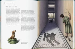 Illustration eines Hundes mit Knochen und Kindern in einem Spielzeugladen mit 'CAVE CANEM' Schild