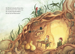 Illustration von kleinen Wichteln in einer gemütlichen Wurzelhöhle unter einem Baum.