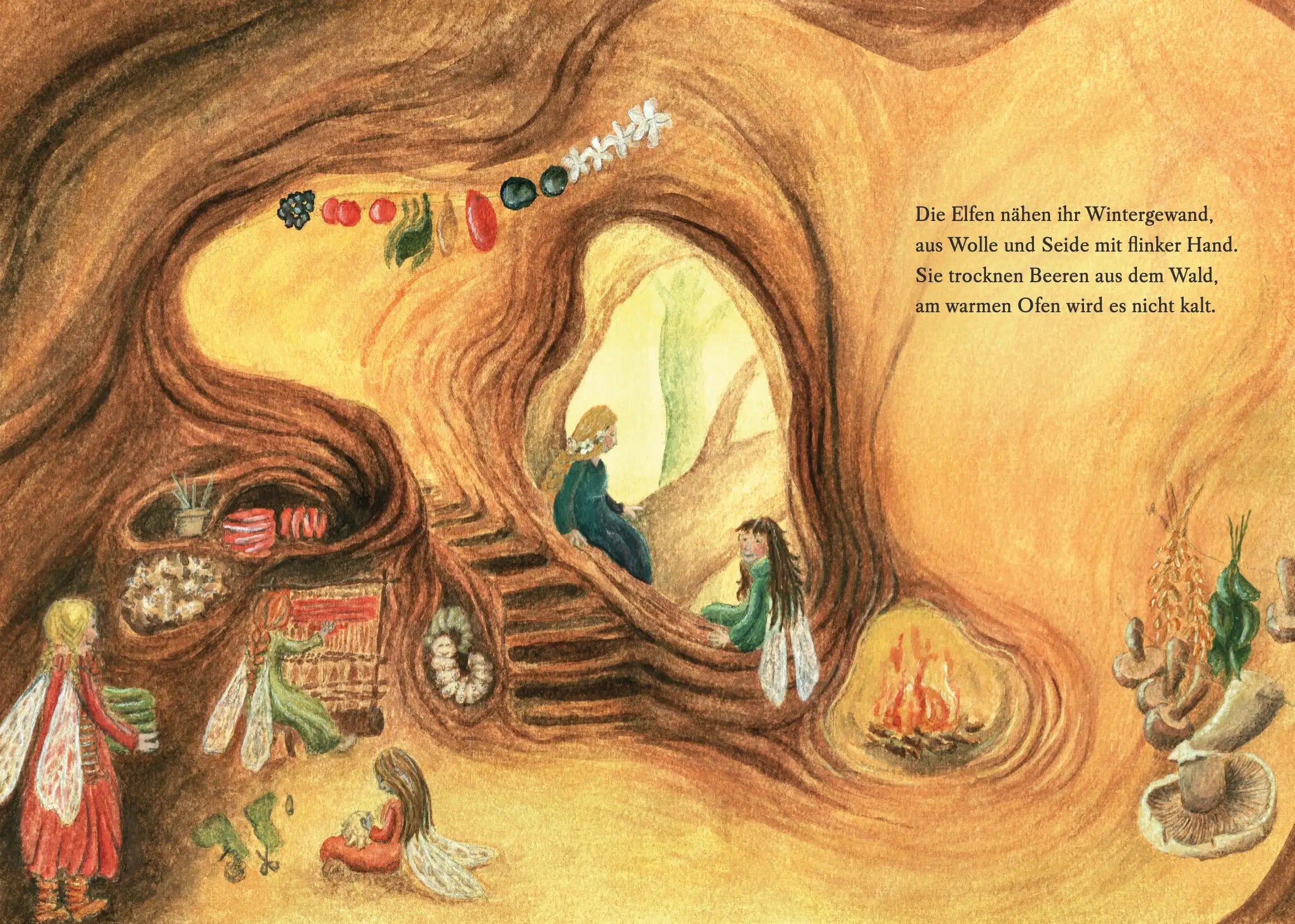 Illustration von Elfen in einer gemütlichen Höhle beim Nähen und am Lagerfeuer.
