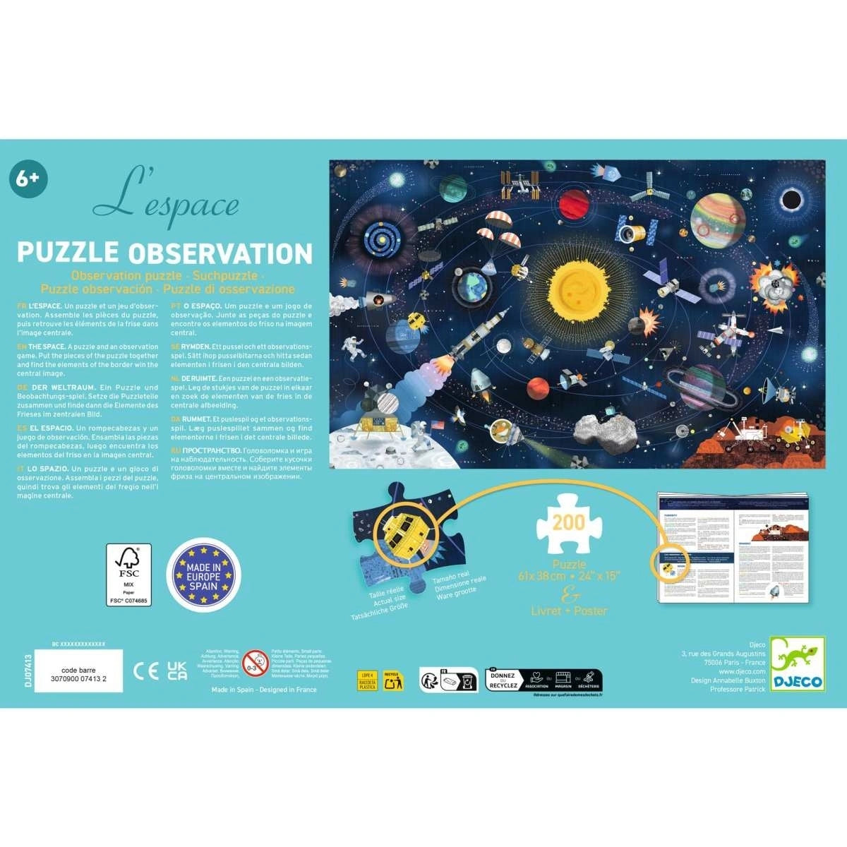 L'espace Puzzle Observation: 200 Teile, Weltraumthema mit Sonne, Planeten & Raumschiffen, ab 6 Jahren, nachhaltig