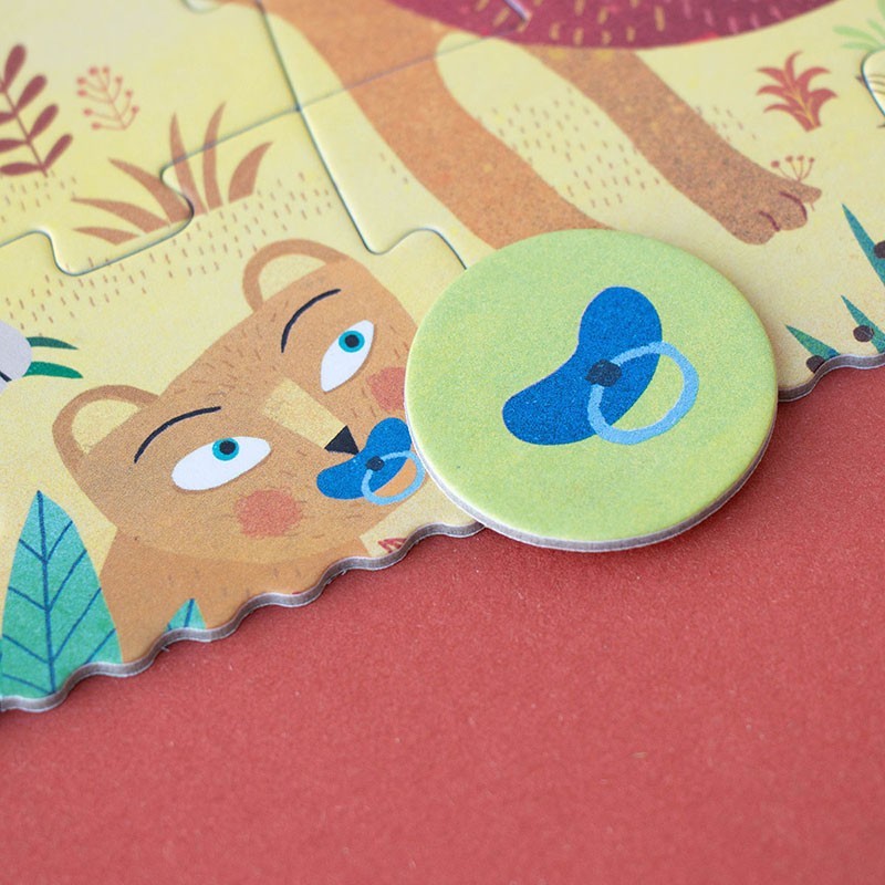 Bunter Kinderpuzzle mit Tiermotiv und blauem Schnuller, nachhaltiges Spielzeug für Kleinkinder