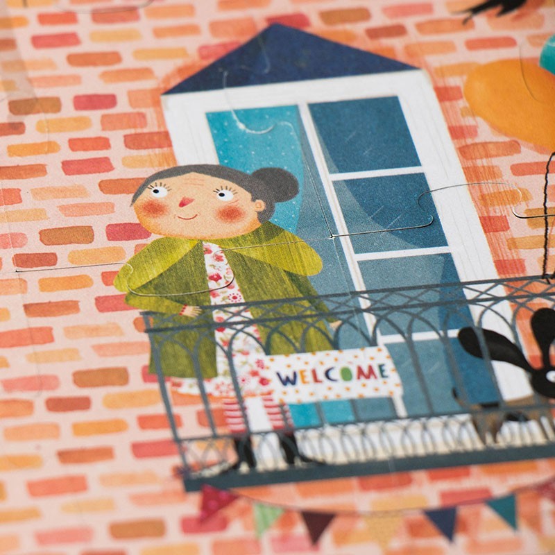 Bunte Kinderpuzzle mit Mädchen auf Balkon, nachhaltiges Spielzeug für kreatives Basteln und Spielen