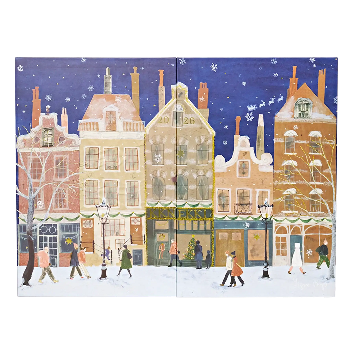 Winterliche Illustration von verschneiten Giebelhäusern mit winterlich gekleideten Figuren.
