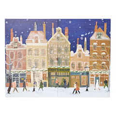 Winterliche Illustration von verschneiten Giebelhäusern mit winterlich gekleideten Figuren.
