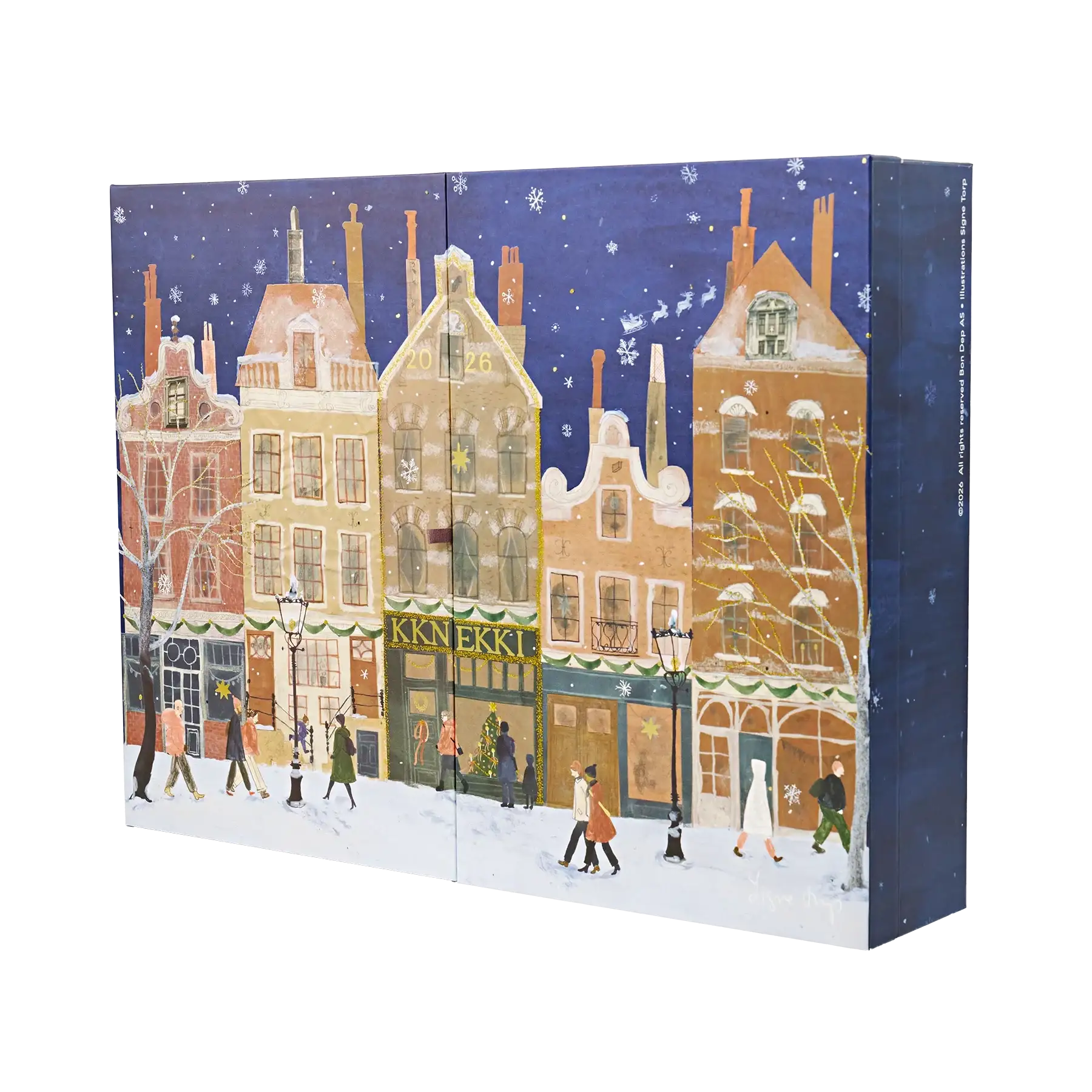 Winterliche Illustration einer verschneiten Stadtstraße mit historischen Häusern und Passanten.