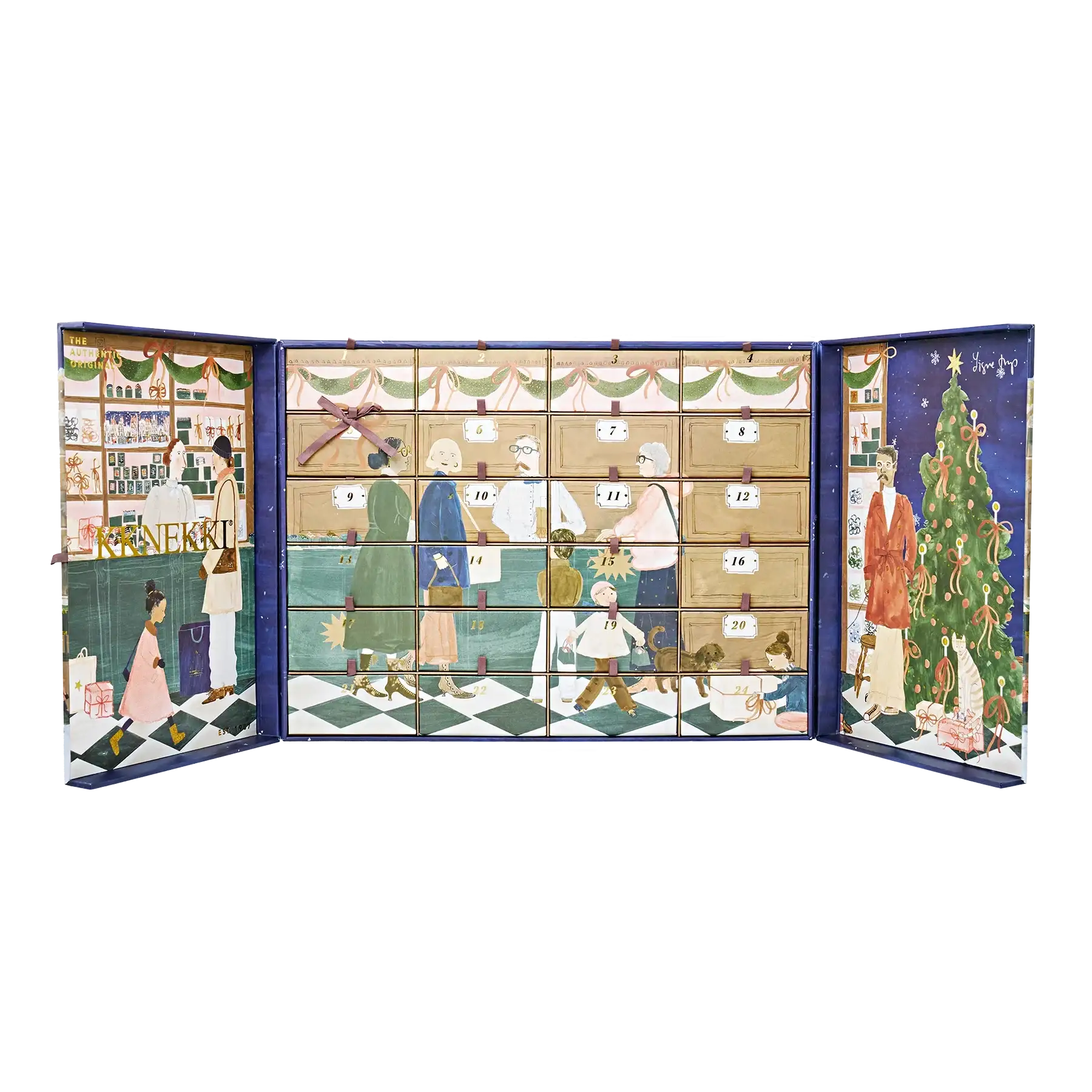 Illustrierter Adventskalender mit weihnlichen Szenen und nummerierten Türchen