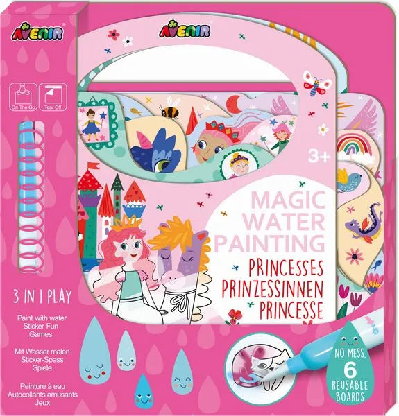 Magisches Wasser Malbuch für Prinzessinnen, 3-in-1 Spiel mit wiederverwendbaren Brettern und Sticker-Spaß