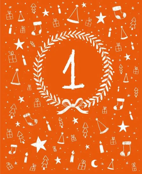 Adventskalender mit Weihnachtsmotiven und Zahl 1 auf orangem Hintergrund