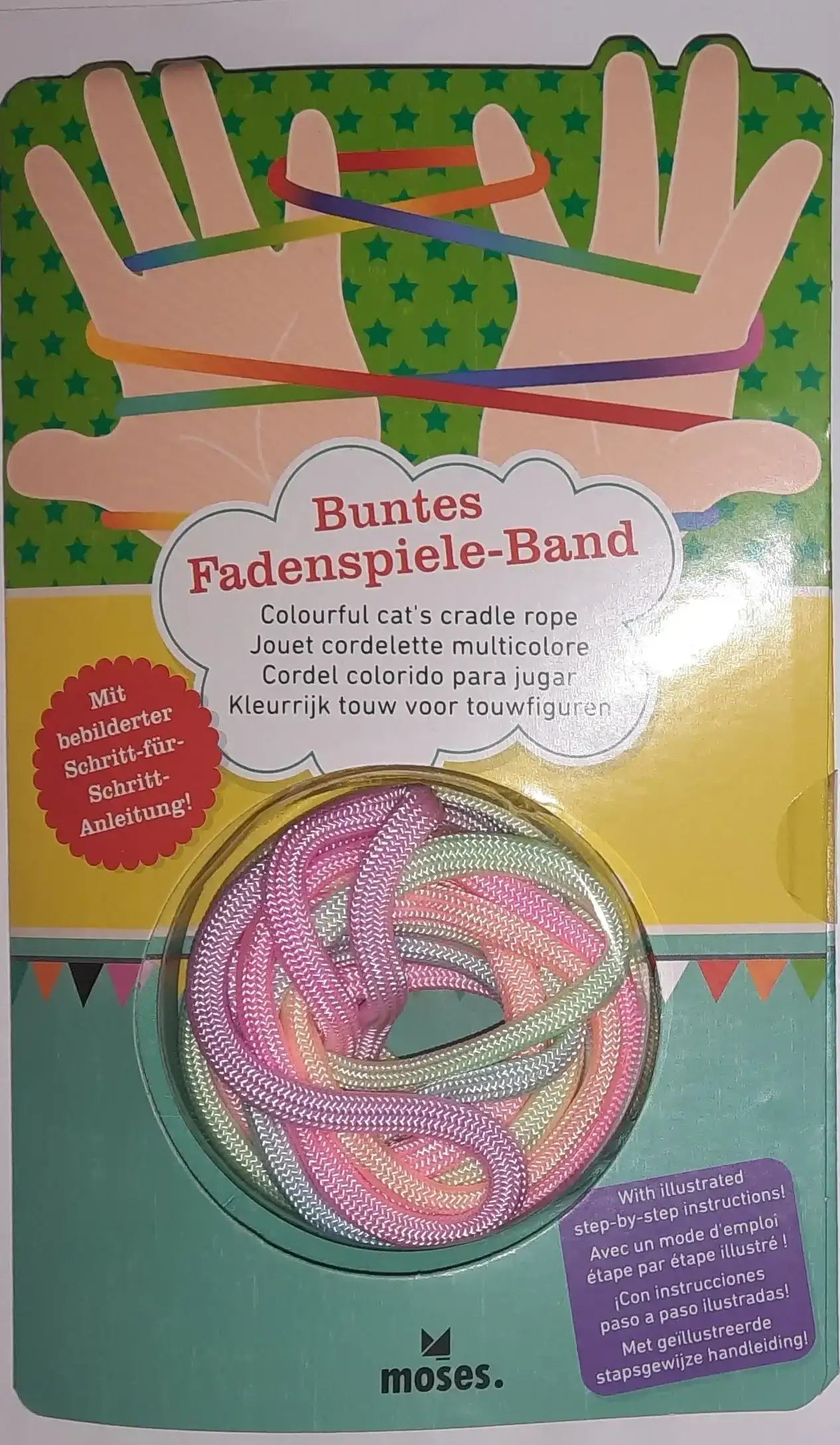 Buntes Fadenspiele-Band mit mehrfarbigem Spielseil und Schritt-für-Schritt Anleitung