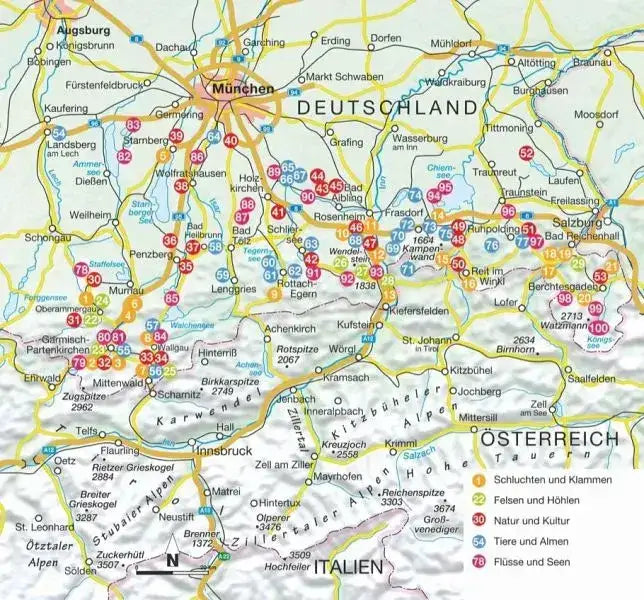 Detaillierte Landkarte der Alpenregion mit München, Innsbruck, Salzburg, Tirol und markierten Sehenswürdigkeiten