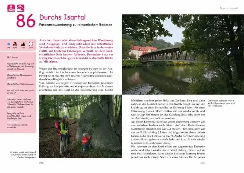 Wanderkarte und Beschreibung der Tour 86 Durchs Isartal mit Fotos von Brücke über Fluss und Wanderern im Wald