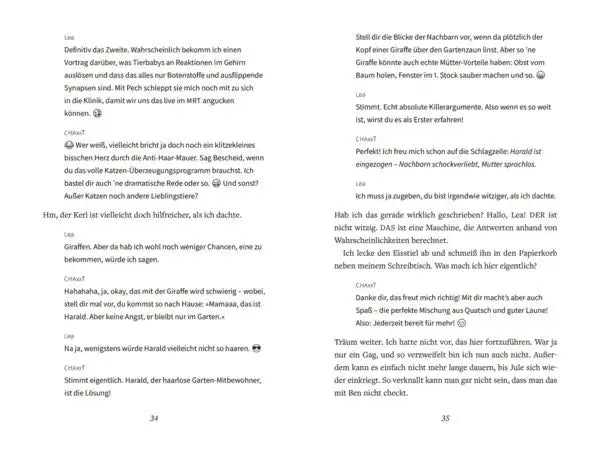 Seiten aus einem Kinderbuch mit Dialogen über Giraffen und Gartenabenteuer, ideal für nachhaltiges Spielzeug & Bücher