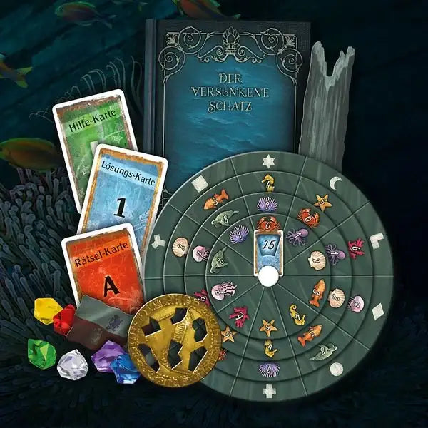 Spiel „Der versunkene Schatz“ mit Rätselkarten, Spielplan und Edelsteinen – nachhaltiges Familien-Spielzeug