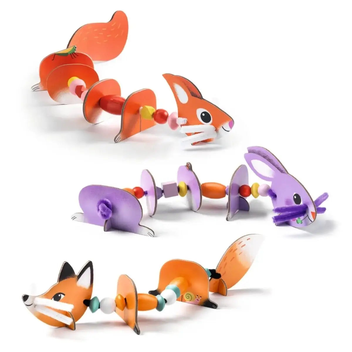 Bunte Holztiere mit Perlenketten – Fuchs, Hase & Eichhörnchen für kindgerechtes Spielzeug & Basteln