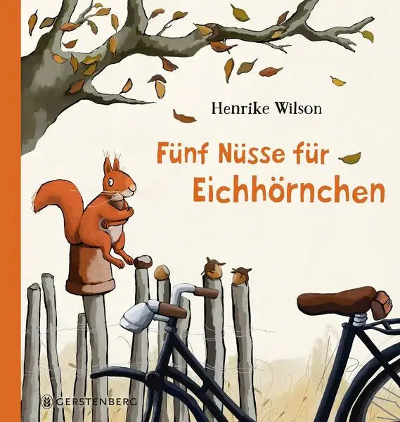 Buchcover mit Eichhörnchen, Nüssen und Fahrrad, ideal für Kinderbücher und nachhaltiges Spielzeug
