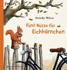 Buchcover mit Eichhörnchen, Nüssen und Fahrrad, ideal für Kinderbücher und nachhaltiges Spielzeug