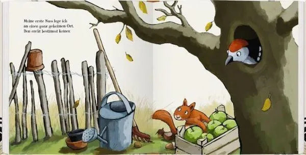 Buchillustration mit Eichhörnchen, Apfelkiste und Vogel im Baum, ideal für Kinderbücher und Bastelartikel