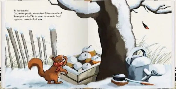 Eichhörnchen im Schnee mit Schneebällen und Gartengeräten – nachhaltiges Kinderbuch