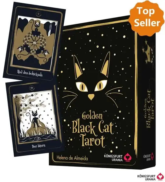 golden-black-cat-tarot-hochwertige-stuelpdeckelschachtel-mit-goldfolie-gebundene-ausgabe-helena-de-almeida - kunstundspiel 