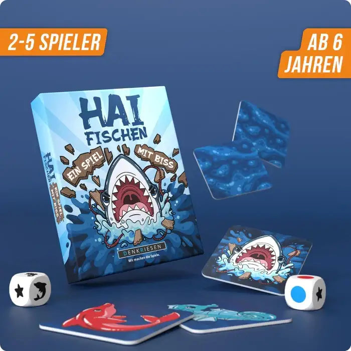Hai Fischen Spiel für 2-5 Spieler ab 6 Jahren mit Hai-Karten und Würfeln