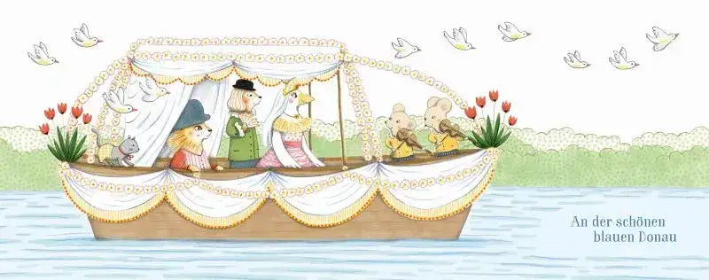 Illustration eines festlich geschmückten Bootes mit Vierbeinern und Vögeln auf einem Fluss mit Text 'An der schönen blauen Donau'