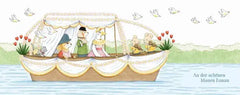 Illustration eines festlich geschmückten Bootes mit Vierbeinern und Vögeln auf einem Fluss mit Text 'An der schönen blauen Donau'