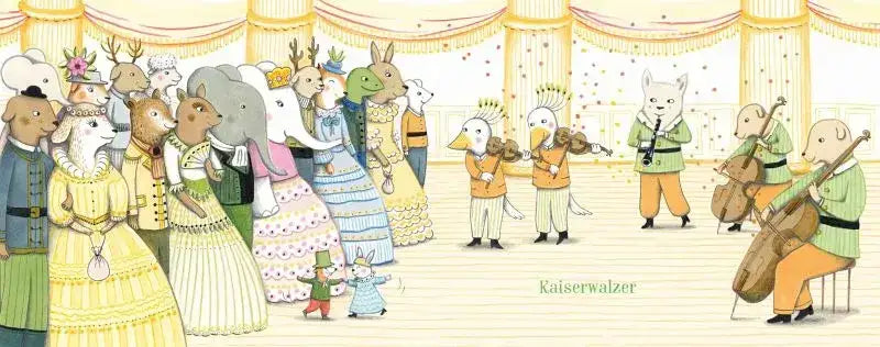 Tierische Figuren in historischen Kleidern bei einem Ball mit Streichorchester, Illustration Kaiserwalzer