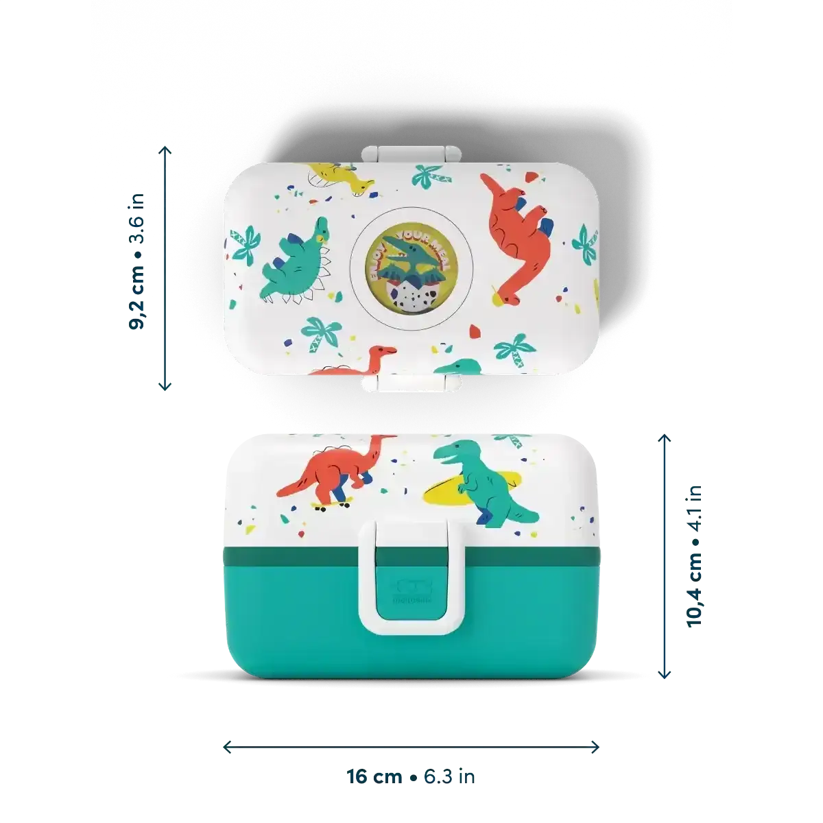 Kinder Brotdose mit Dinosaurier-Motiv, türkis-weiß, Lunchbox kunstundspiel München