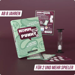 Komm zum Punkt Spiel für 2+ Spieler, ab 8 Jahren, mit Sanduhr und Karten, nachhaltiges Spielzeug