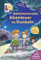 Geheimnisvolle Abenteuer im Dunkeln – Lesebuch mit Rätseln für 1. Klasse, nachtliche Waldszene mit Kindern und Taschenlampen