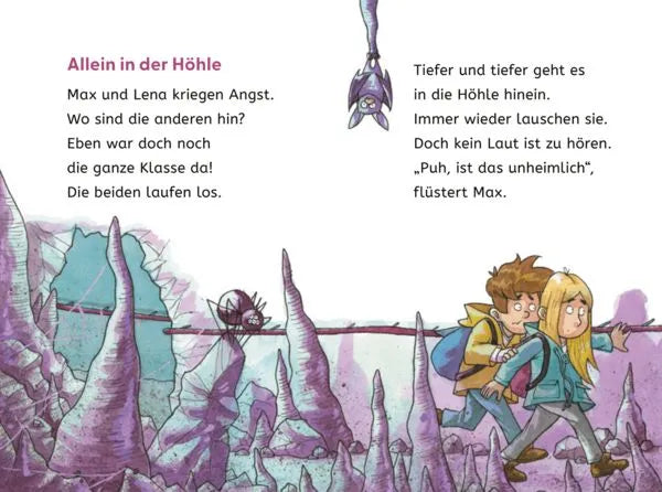 Kinderbuch-Illustration: Max und Lena laufen erschrocken durch eine violette Höhle mit Stalagmiten – spannendes Abenteuer für Kinder