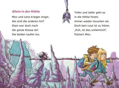 Kinderbuch-Illustration: Max und Lena laufen erschrocken durch eine violette Höhle mit Stalagmiten – spannendes Abenteuer für Kinder